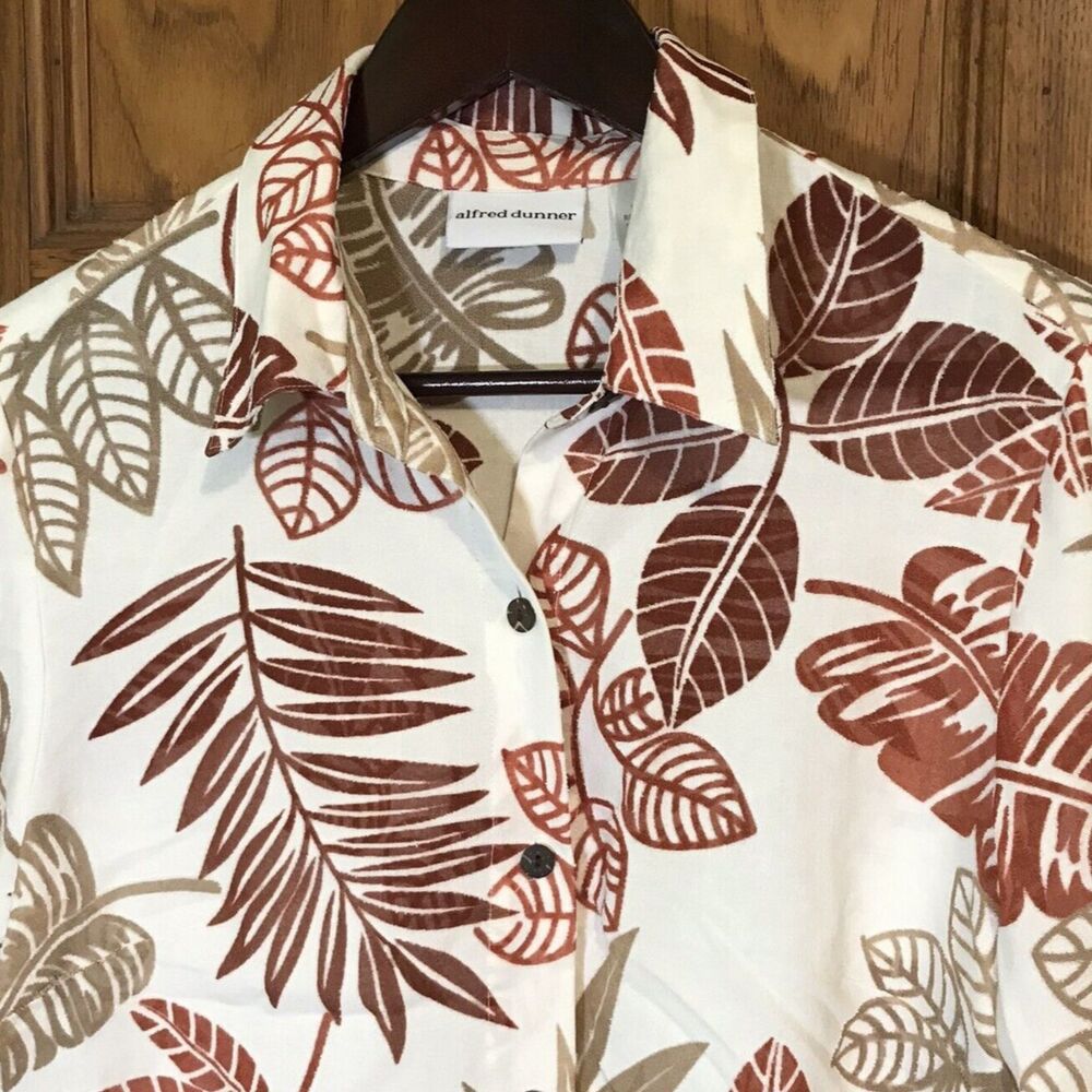 Alfred Dunner Women's 10 Cream Tan & Rust Sheer Blouse 3/4 Sleeve Button-Up Top